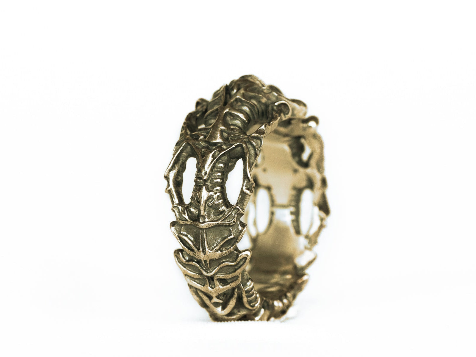 Three-quarter view of the BIOORGA ring; brass colour preview preserving the original silver photograph's sculpted details.